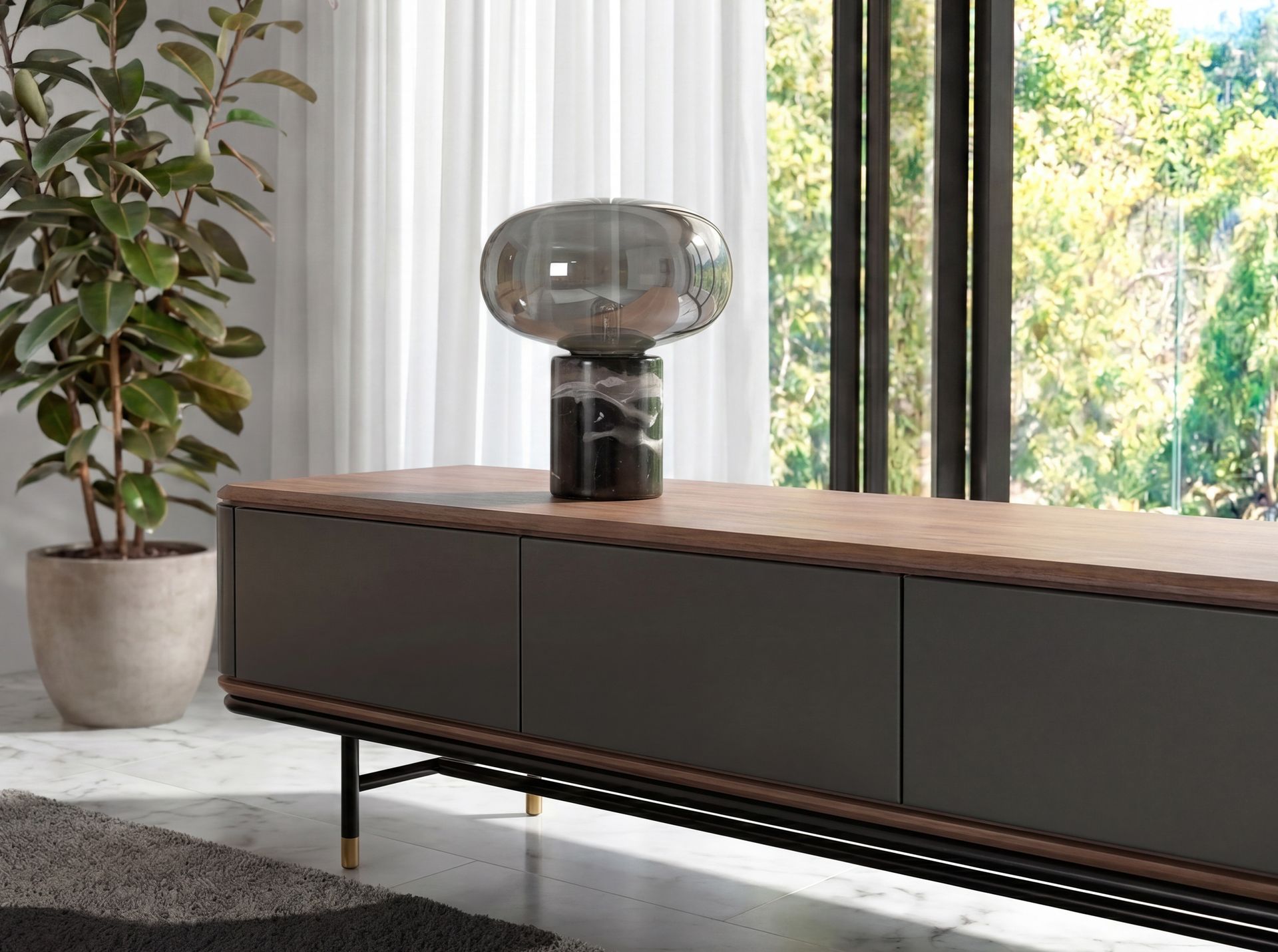 Lámpara sobremesa cristal efecto espejo fumé gris y mármol porcelánico Lámpara sobremesa cristal efecto espejo fumé gris y mármol porcelánico - Imagen 3