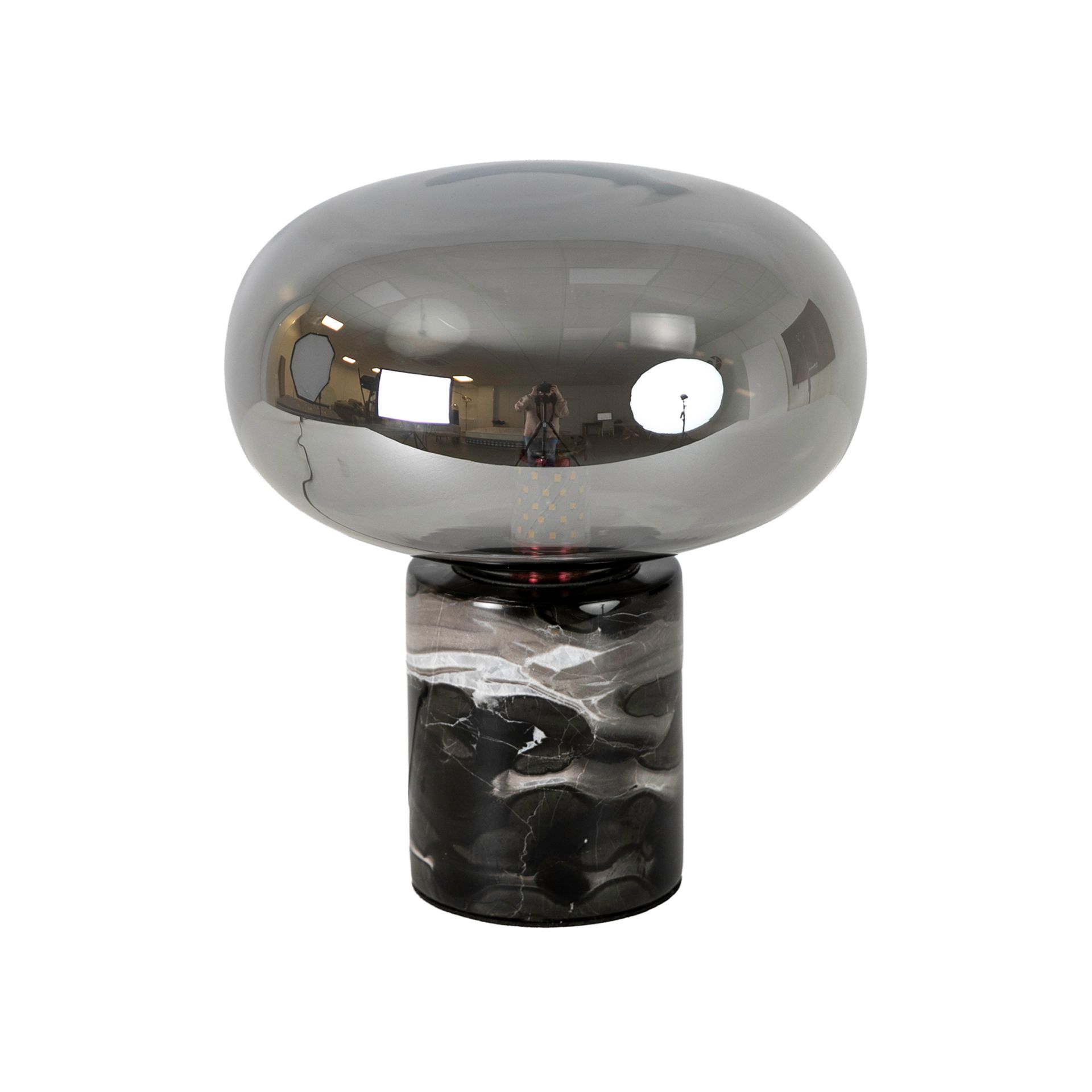 Lámpara sobremesa cristal efecto espejo fumé gris y mármol porcelánico Lámpara sobremesa cristal efecto espejo fumé gris y mármol porcelánico