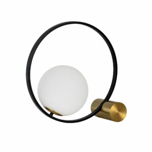Lámpara sobremesa cristal blanco y acero negro con base de acero pulido dorado