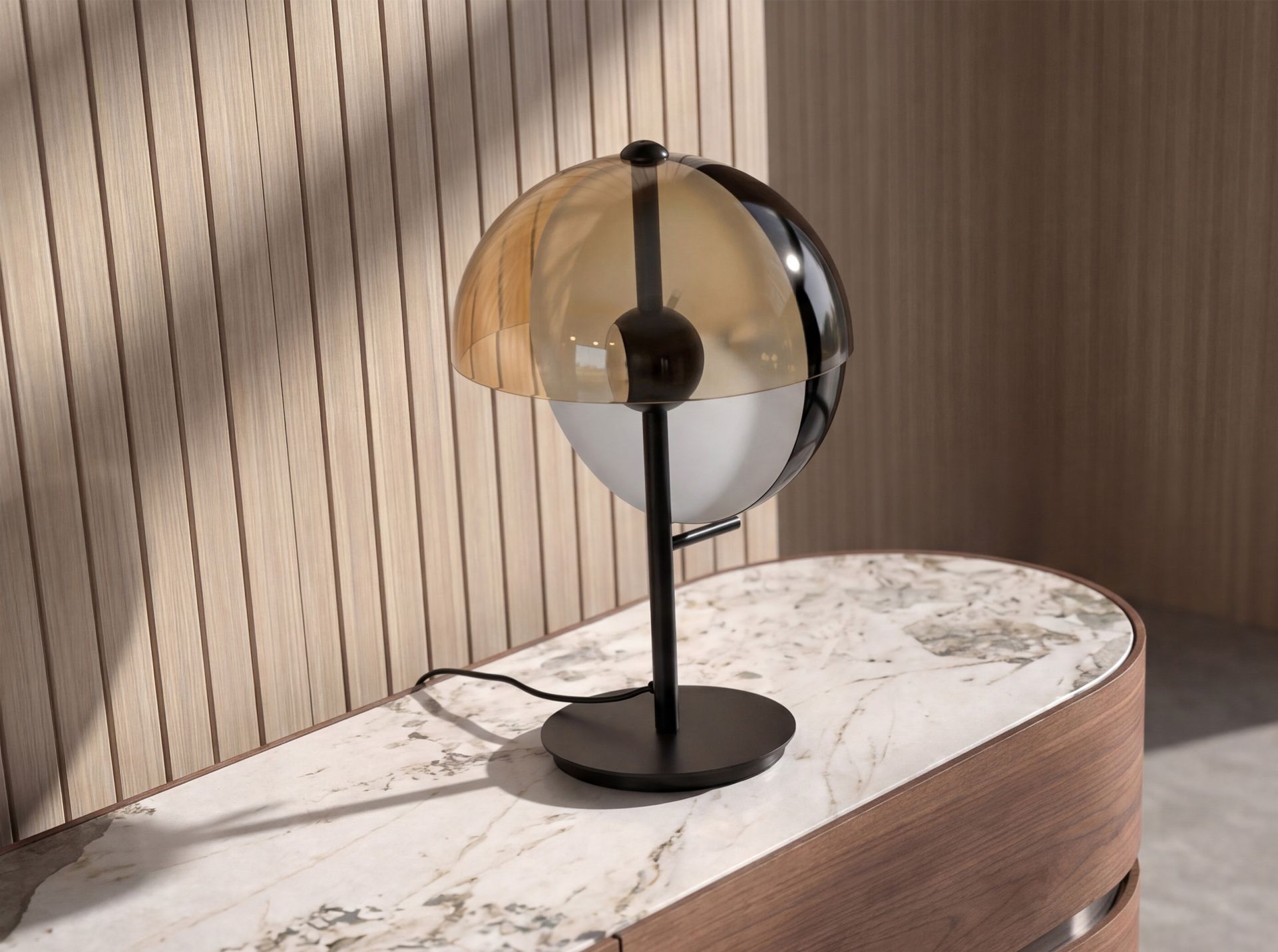 Lámpara sobremesa cristal fumé ámbar y acero negro y blanco con base de acero negro Lámpara sobremesa cristal fumé ámbar y acero negro y blanco con base de acero negro - Imagen 3